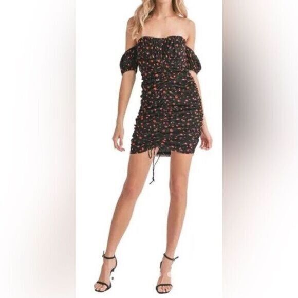 All in Favor Dresses & Skirts - NWT All In Favor Women’s Black Mini Roses Off Shoulder Ruched Mini Dress Size L
